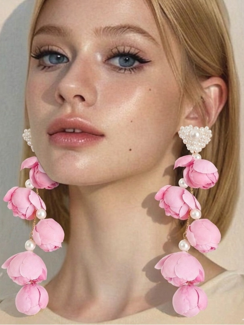 Pink Floral Pearl Drop Earrings